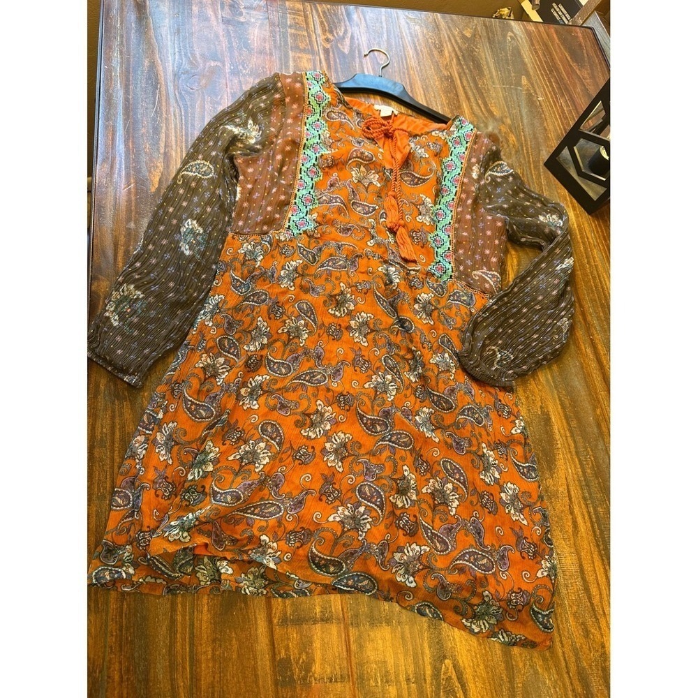 Sundance Paisley Print Tunic Dress Tassel Tie Boho Orange Woman PM Petite Medium